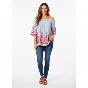 Talbots Off Shoulder Shirt Womens Large Petites Blue Floral Embroidered Boho